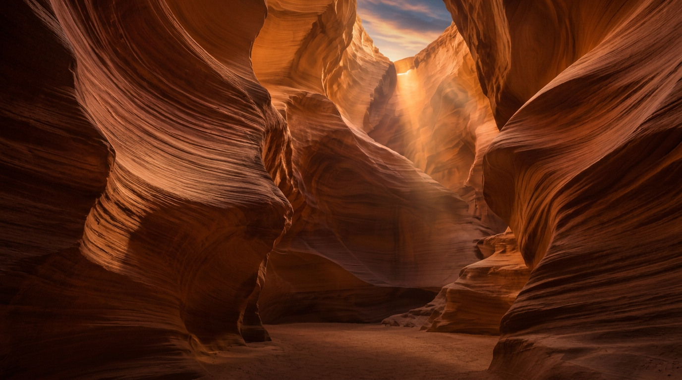 Sunlight revealing the flowing layers of a sandstone canyon