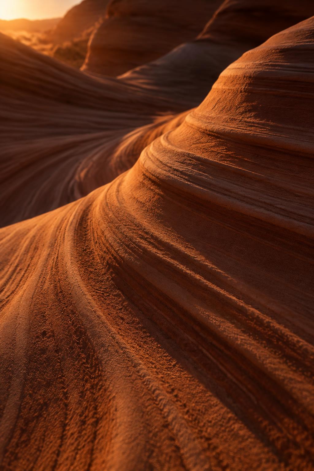 Low evening light grazing across deep terracotta sandstone ripples