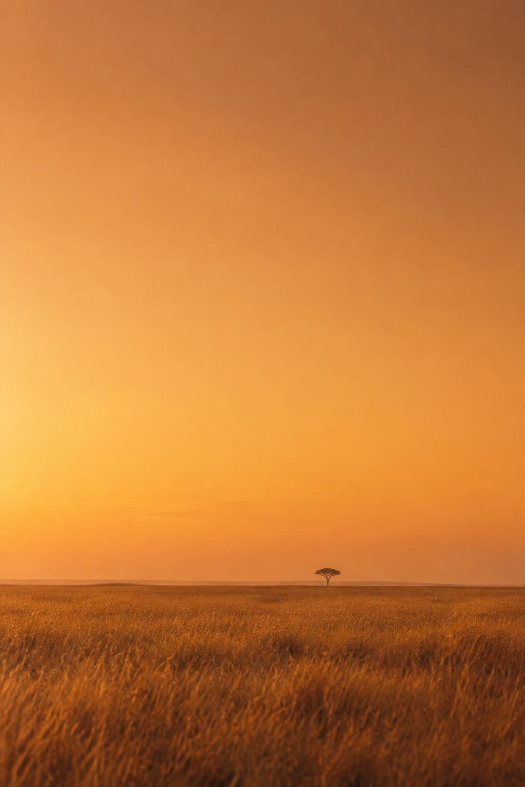 Vast golden savanna under a hazy amber sky with a single distant acacia tree